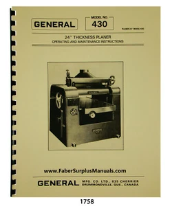 General 24" Holzhobel Modell 430 Betrieb, Wartung & Teile erstes Handbuch #1758 - Bild 1 von 9