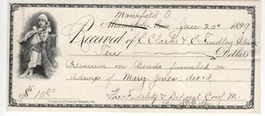 MANSFIELD OH 1899 BOND RECEIPT W/ VIGNETTE OF CHILD PLAYING A LUTE - Picture 1 of 1