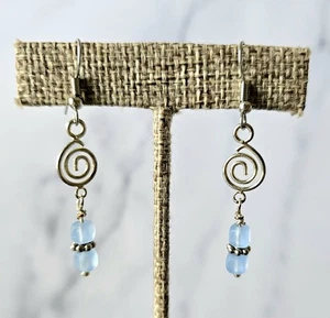 NEW Artisan Silver Wire Spiral & Blue Glass Bead Earrings 1.25x3/8" - Picture 1 of 5