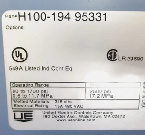 UE Brand New Original Pressure Switch  H100-194  UPS or DHL fast delivery - Picture 1 of 1