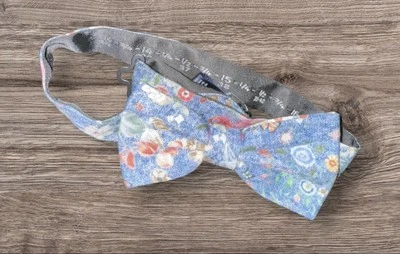 Vintage Retro Seidenfalter floral silk mix double Bow Tie blue  - Image 1 of 3