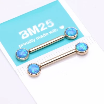 A Pair of 14 Karat Gold Threadless Round Fire Opal Bezel Set Nipple Barbell 14ga - Image 1 of 4