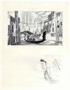 VENEDIG: GONDELROMANTIK & URZEITLICHE FRAUENJAGD - Jean TRAYNIER Orig.Radierung - Picture 1 of 1
