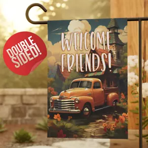 Willkommen Freunde Herbst Garten Flagge, klassischer orange LKW, Kabine, Geschenk für sie - Bild 1 von 13