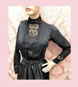 VICTORIAN 1900s GIBSON GIRL Black RAW SILK SOUTACHE & Point d'Esprit Lace BODICE - Picture 1 of 16