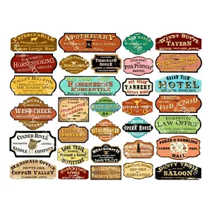 Letreros de la Ciudad del Viejo Oeste, 32 letreros de casa de muñecas y ferrocarril multiescala, 1 hoja de pegatinas - Imagen 1 de 2