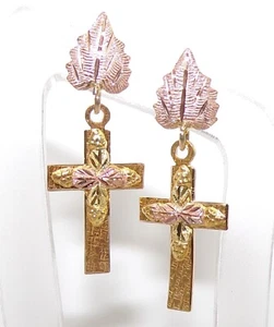 12K 10K Yellow & Rose Black Hills Gold Cross Leaf Dangle Earrings FZZ - Picture 1 of 3
