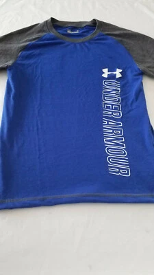 UNDER ARMOUR  Boys Heat Gear Shirt size 7 S/S Blue Gray polyester white logo - Image 1 of 4