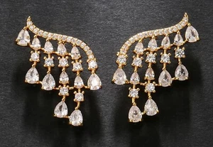 Luxus AAA Kubik Zirkonia Goldene Quaste Ohrringe Braut Hochzeit Mode Schmuck - Bild 1 von 4