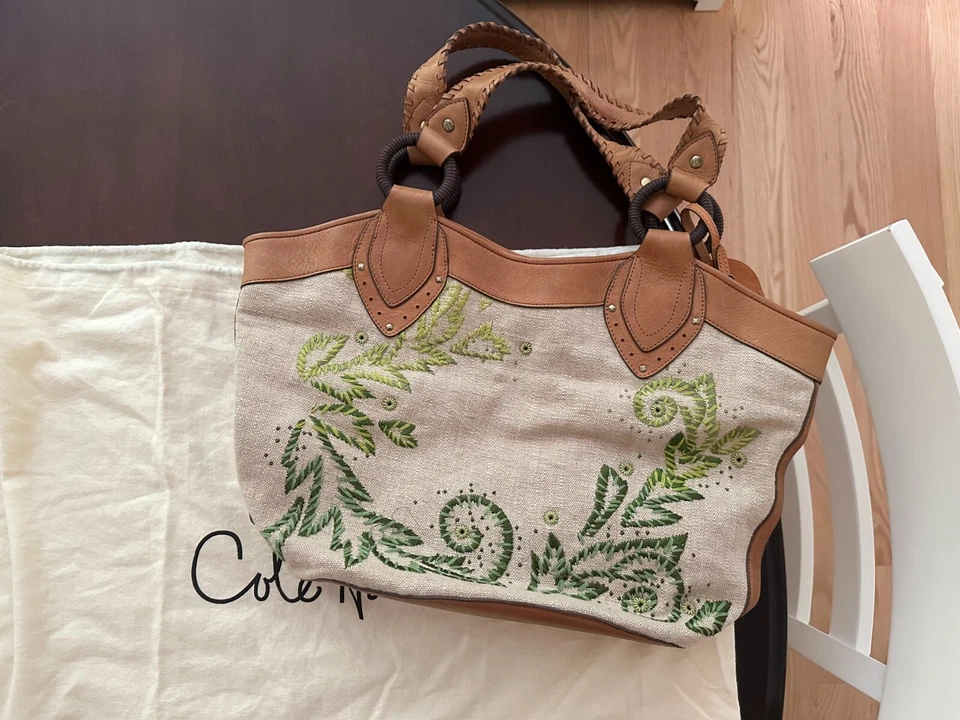 Bolso de Mano Cole Haan Grande Beige Paja Como Lino Bordado Cuero Bolso Foto 1 de 4