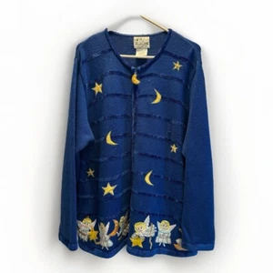 Quacker Factory Christmas Sweater Sz 1X Knit Moon Stars Angels Embroidery - Picture 1 of 12