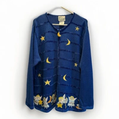 Quacker Factory Christmas Sweater Sz 1X Knit Moon Stars Angels Embroidery - Image 1 of 4