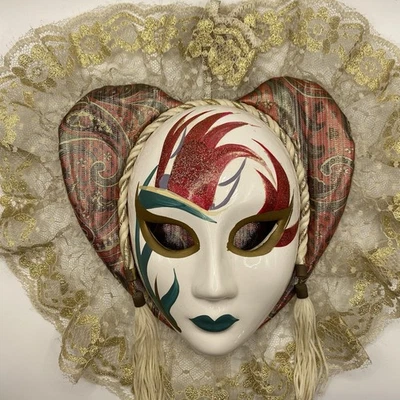 Venetian Carnival Porcelain Hand Painted Wall Mask Lace Mardi Gras Multicolor  - Image 1 of 4