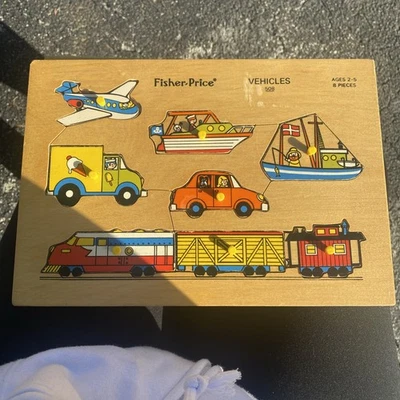 Rompecabezas de madera vintage Fisher Price vehículos #508 tren barco coche camión de helados Foto 1 de 2