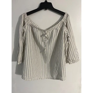 Madewell Top Hombro Descubierto Mujer’s L Blanco Azul Rayas Campesino Playa Boho - Imagen 1 de 5