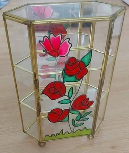 Vintage Hexagonal Glass & Metal Small Curio Cabinet Showcase Display With Mirror - Picture 1 of 8