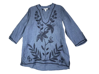 Camisa Charter Club Mujer XL Azul Lino Bordado Túnica Top Boho Campesino Foto 1 de 4