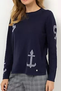 STRANDFEIN Pullover leichter Stehkragen Intarsien figurumspielend Gr.42 Marine  - Bild 1 von 1