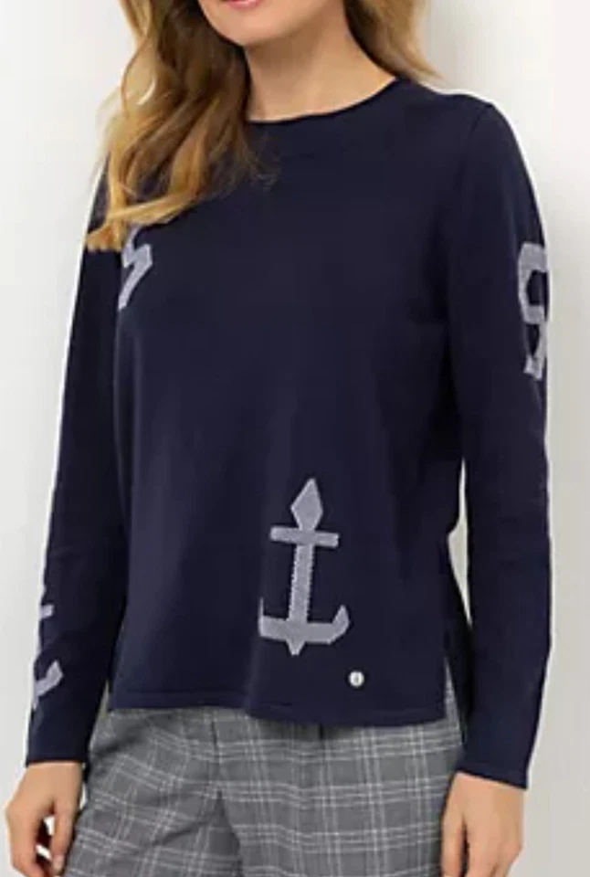 STRANDFEIN Pullover leichter Stehkragen Intarsien figurumspielend Gr.42 Marine  - Bild 1 von 1