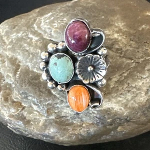 Multicolor Ring Turquoise Spiny Navajo Sterling Silver Cluster Size 8.5 19181 - Picture 1 of 13