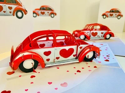Tarjetas Pop Origami Corazón de Amor Rojo Clásico Vintage Coche Celebrando AMOR 3D Pop Up Foto 1 de 4