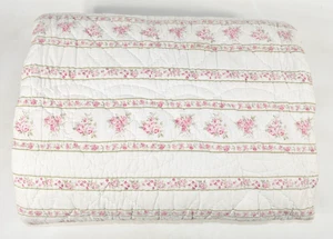 Simply Shabby Chic Pink Rose Floral Stripe Full Queen Quilt White Cotton FLAWS! - Picture 1 of 18