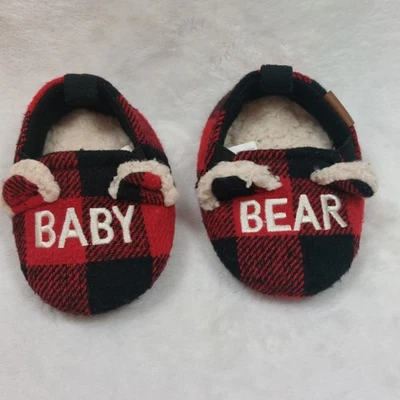 DEARFOAMS PANTUFLAS INFANTILES ROJAS NEGRAS BEBÉ OSO BÚFALO CUADROS VACACIONES INVIERNO 6MTHS Foto 1 de 4