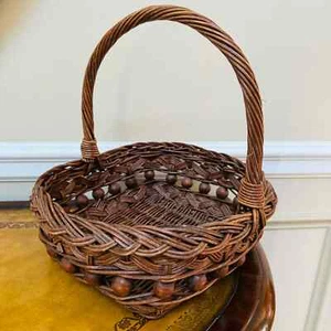 Square Large Wicker Wooden Bead Brown Braided Twisted Boho Basket w Handle VTG - Picture 1 of 5