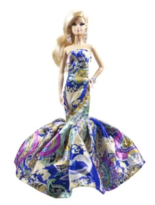 Seide Satin blau Blumen trägerlos Fit and Flare bodenlang für 11,5 Zoll Puppe - Bild 1 von 2