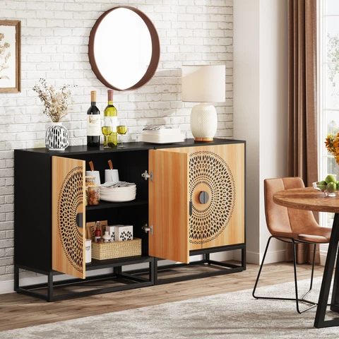 55 Inch Farmhouse Sideboard Buffet Cabinet Wood Credenza Accent Storage Cabinet Cover