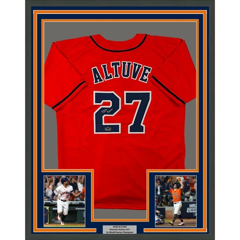 Framed Facsimile Autographed Jose Altuve 33x42 Orange Reprint Laser Auto Jersey Cover