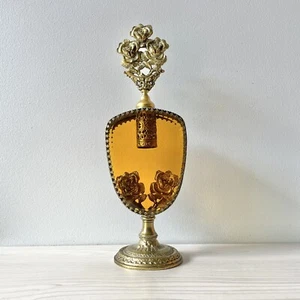 Vintage Rose Ormolu Perfume Bottle Gold Filigree Amber Glass Beveled W Dauber - Picture 1 of 8