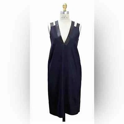 DEREK LAM Designer Navy Wool Mohair Leather Shift Dress Sleeveless Pockets 8 - image 1 of 4