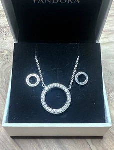 Pandora Circle of Sparkle Silver Necklace - 45cm 590514CZ Matching Earrings Set - Picture 1 of 10