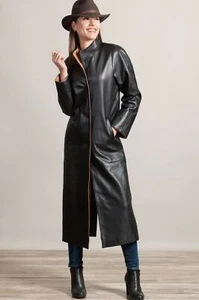 Abrigo largo de trinchera de cuero negro para mujer piel de oveja real desgaste causal abrigo largo - Imagen 1 de 8