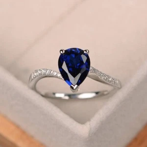1.70Ct Pear Cut Natural Sapphire Diamond Bridal Wedding Ring 18K White Gold 7 8 - Picture 1 of 6