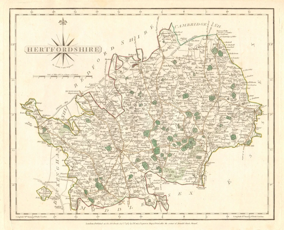 Antique county map of HERTFORDSHIRE by JOHN CARY. Original outline colour 1787 - Image 1 of 1