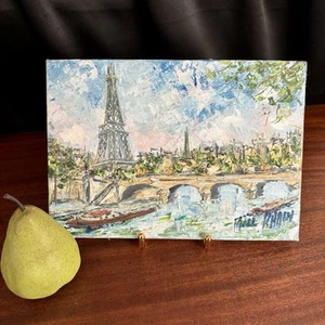 Quadro Vintage Torre Eiffel Parigi 10,5x7,5 Texture Arte Originale Su Tela Firmato - Foto 1 di 6