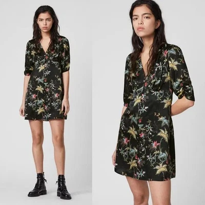 Vestido recto AllSaints para mujer negro floral de seda con cuello en V manga corta talla S Foto 1 de 4