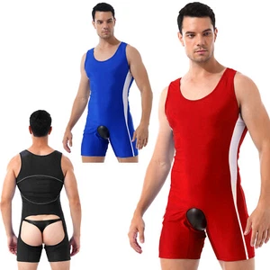 Mens U Neck Boxer Shorts Bodysuit Sleeveless Unitard Open Butt Wrestling Singlet - Picture 1 of 30