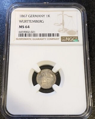 1867 MS64 German States Wurttemberg Silver Kreuzer NGC KM 612 3 Graded Higher - Image 1 of 4