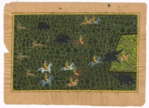 Indian Miniature Painting Of Mughal Hunting Scene Fine Art On Paper 8.5x6 Inches - Picture 1 of 6
