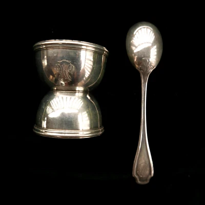 ancien coquetier et sa cuillère argent massif minerve 78 gr - Photo 1/4