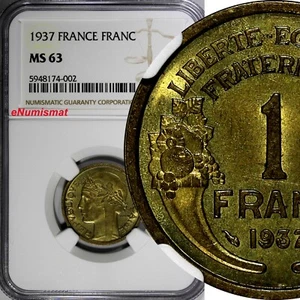 France Aluminum-Bronze 1937 1 Franc NGC MS63  KM# 885 (002) - Picture 1 of 4