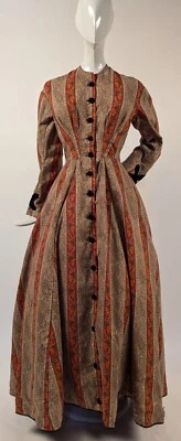 1860’S STRIPED PAISLEY CHALLIS WOOL WRAPPER DRESS W VELVET TRIM + BUTTONS - Image 1 of 4