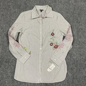 HANNAH Shirt Womens Sz S White Brown Striped Floral Button Tunic Cottage - Picture 1 of 11