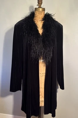Glam Vintage Patra XL Velvet Open Ostrich Feather Trim Duster Whimsigoth USA - Image 1 of 4
