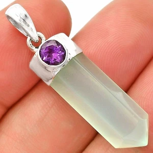 Point - Milky Chalcedony & Amethyst 925 Sterling Silver Pendant Jewelry P-1107 - Picture 1 of 5