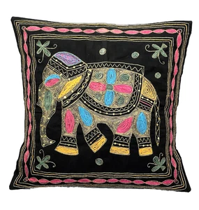 Embroidered Elephant Pillow Bought in India 2000, 15 x 15 Sequined, Gold Thread - Picture 1 of 11