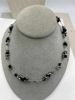 Lia Sophia Black Crystals & Grey Faux Pearls Cluster Necklace “New” - Image 1 of 3